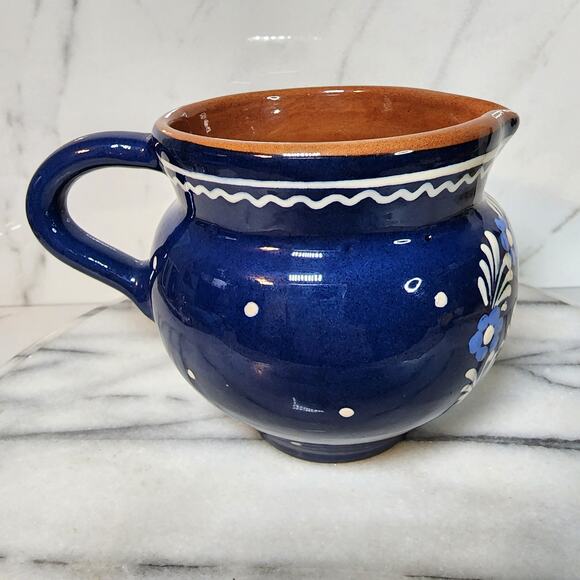 Artist Signed Vintage Blue Art Pottery Pitcher Floral Love Birds Boho Folk Art - Picture 4 of 9